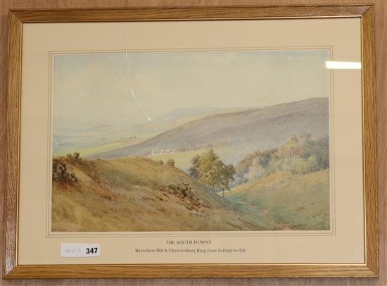 Elliot H. Martens, watercolour, The South Downs, Barns Farm Hill and Chanctonbury Ring from Sullington Hill, 33 x 51cm